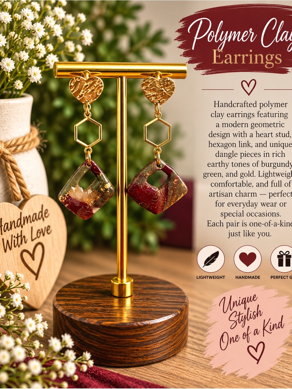 & Other Stories Burgundy, Green and Gold Geometric Dangle Earrings